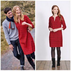 Boden Red Easy Notch Neck Printed Shift Dress US 6 ¾ Sleeve